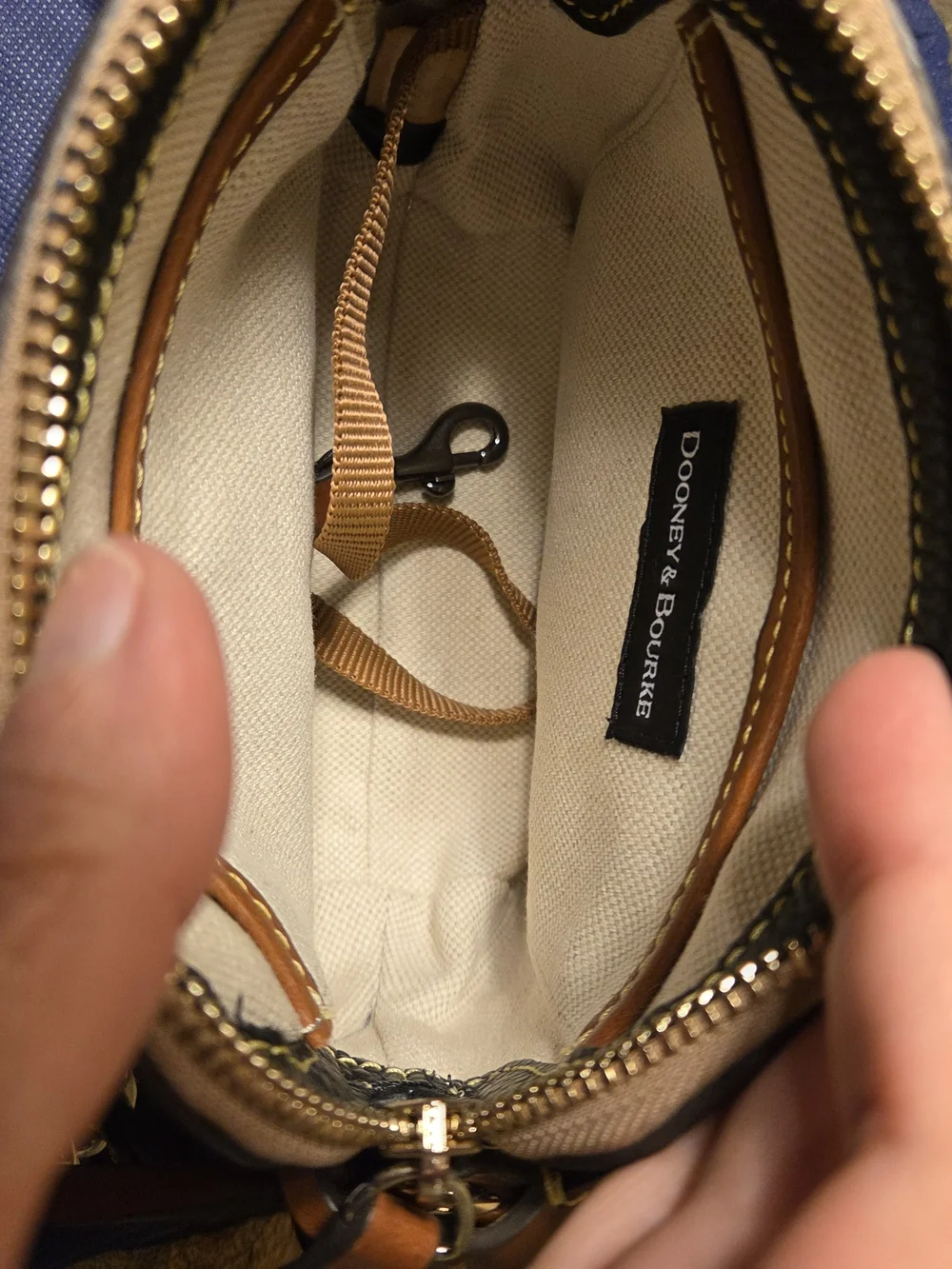 Dooney & Bourke NWT Black Pebble Leather Crossbody with Brown Trim. Logo charms